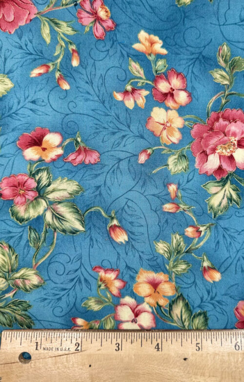 Large Dusty Rose & Orange Floral on Blue